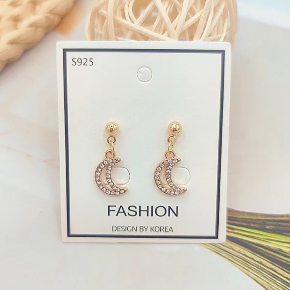 Moon Dangling Earrings in Gold with Rhinestones